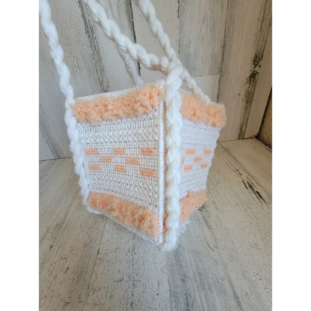 Crochet orange square plush hanging basket unique home decor tassel